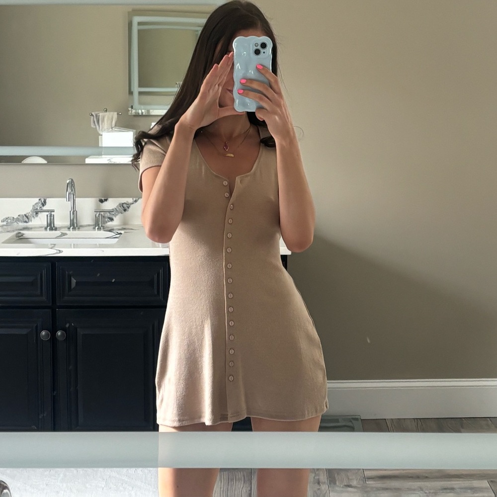 Elegant Tan Button-Down Dress